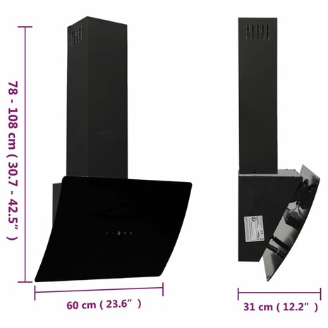 Wandafzuigkap 60 cm staal en gehard glas zwart