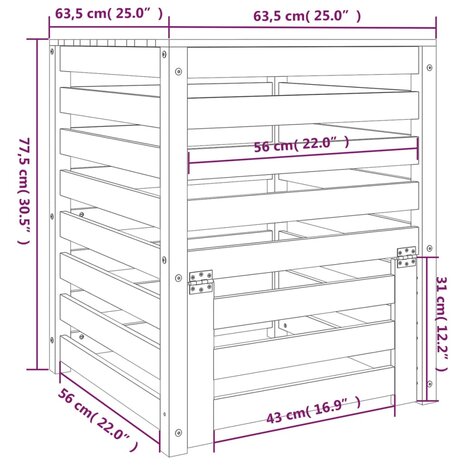 Compostbak 63,5x63,5x77,5 cm massief grenenhout grijs