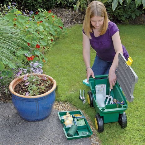 Tuingereedschapswagen en kruk groen 56x27,2x30,4 cm 60852
