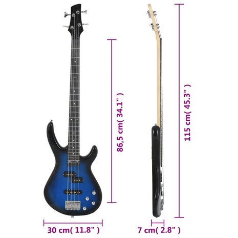 Basgitaar voor beginners elektrisch met tas 4/4 46&quot; blauw zwart