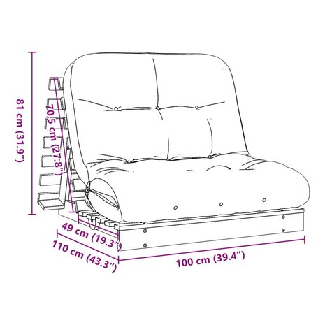 Futon slaapbank met matras 100x206x11 cm massief douglashout