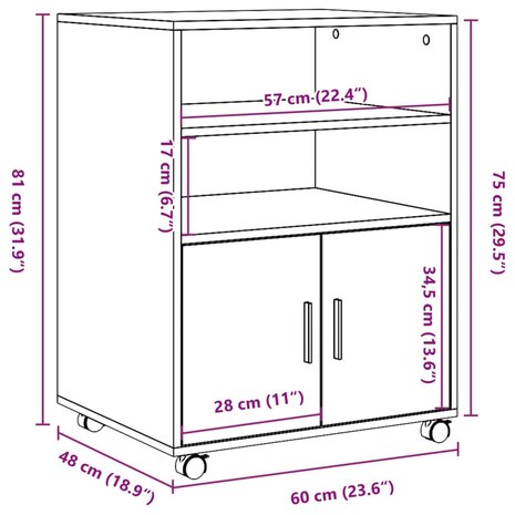 Rolkast 60x48x81 cm bewerkt hout gerookt eikenkleurig