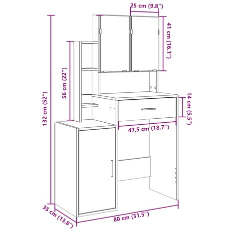 Kaptafel met kastje 80x35x132 cm bruin eikenkleur