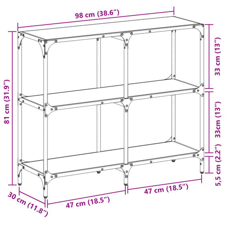 Wandtafel met zwart glazen blad 98x30x81 cm staal