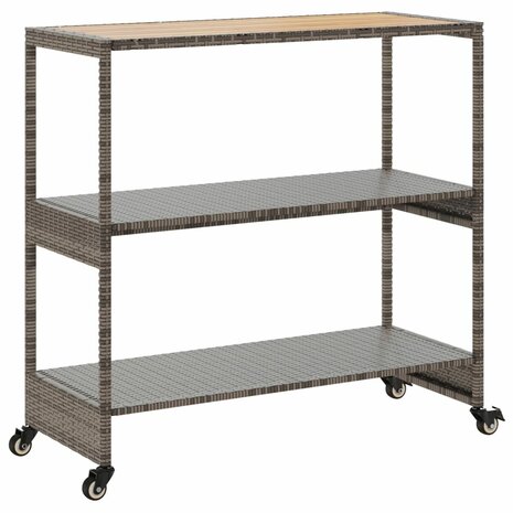 Keukentrolley 3-laags poly rattan en massief acaciahout grijs