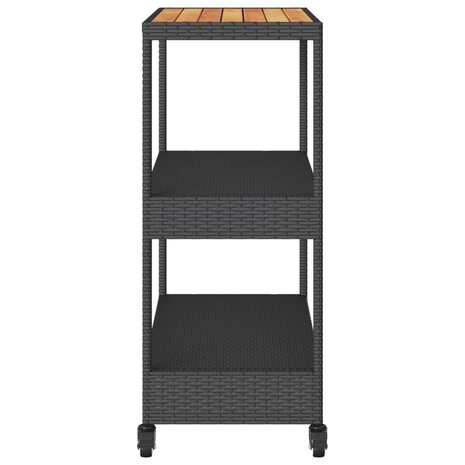 Bartrolley 3-laags poly rattan en massief acaciahout zwart