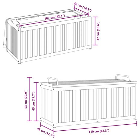 Kussenbox 110x45x42/53 cm massief acaciahout en staal