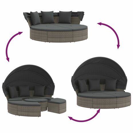 Loungebed met luifel en kussens poly rattan grijs