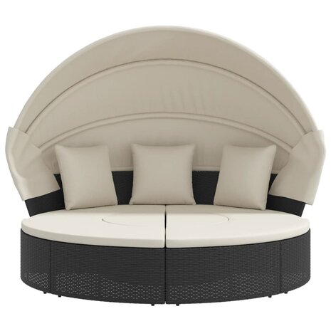Loungebed met luifel en kussens poly rattan zwart