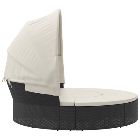 Loungebed met luifel en kussens poly rattan zwart