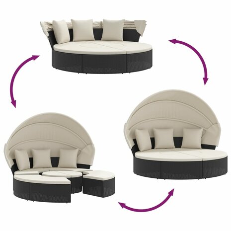Loungebed met luifel en kussens poly rattan zwart