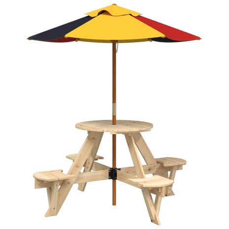 Picknicktafel voor 4 kinderen met parasol rond vurenhout