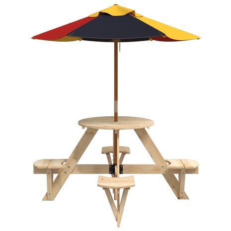 Picknicktafel voor 4 kinderen met parasol rond vurenhout