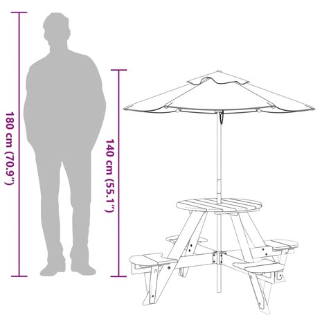Picknicktafel voor 4 kinderen met parasol rond vurenhout