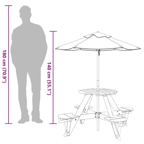 Picknicktafel voor 4 kinderen met parasol rond vurenhout