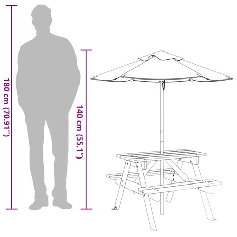 Picknicktafel voor 4 kinderen met parasol massief vurenhout