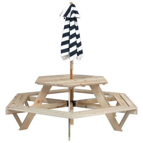 Picknicktafel voor 4 kinderen met parasol zeshoekig vurenhout