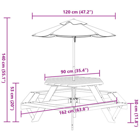 Picknicktafel voor 4 kinderen met parasol zeshoekig vurenhout