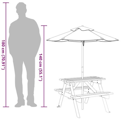 Picknicktafel voor 4 kinderen met parasol massief vurenhout