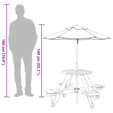 Picknicktafel voor 4 kinderen met parasol rond vurenhout