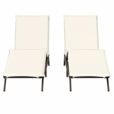 Ligstoelen 2 st met kussens poly rattan bruin