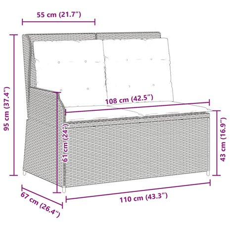 Tuinbankje verstelbaar met kussens poly rattan beige