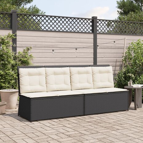 Tuinbankje verstelbaar met kussens poly rattan zwart
