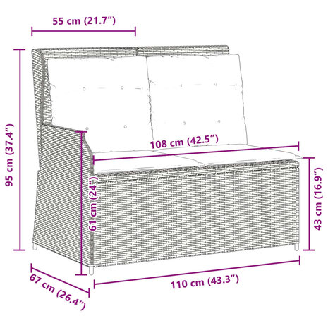 Tuinbankje verstelbaar met kussens poly rattan beige