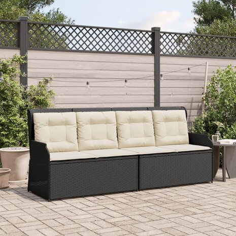 Tuinbankje verstelbaar met kussens poly rattan zwart