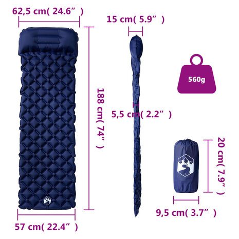 Kampeermatras met kussen opblaasbaar 1-persoons marineblauw