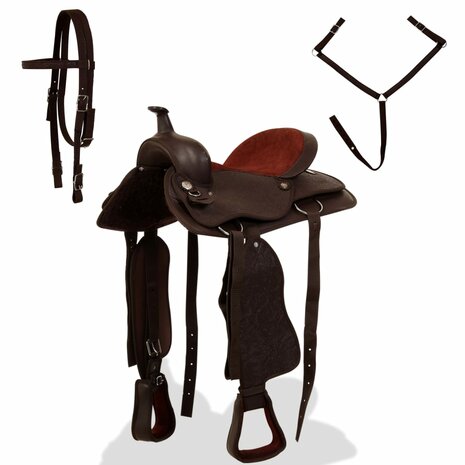 Western zadel, hoofdstel en borstriem 15&quot; echt leer bruin