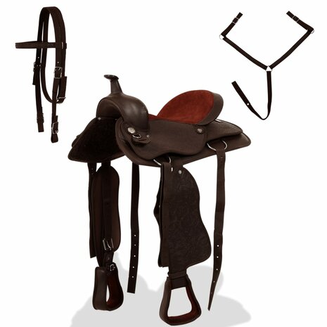 Western zadel, hoofdstel en borstriem 16&quot; echt leer bruin
