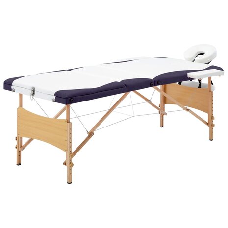Massagetafel inklapbaar 3 zones hout wit en paars