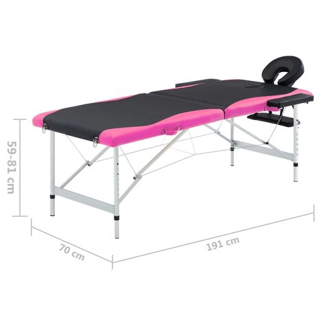 Massagetafel inklapbaar 2 zones aluminium zwart en roze