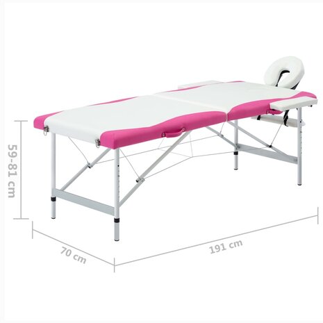Massagetafel inklapbaar 2 zones aluminium wit en roze