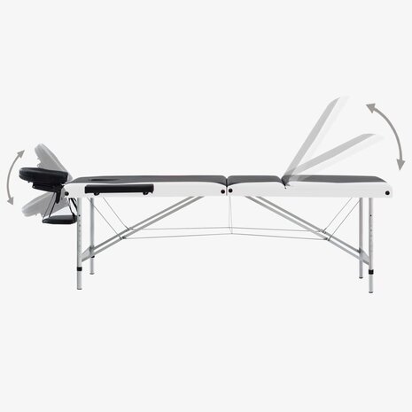 Massagetafel inklapbaar 3 zones aluminium zwart en wit