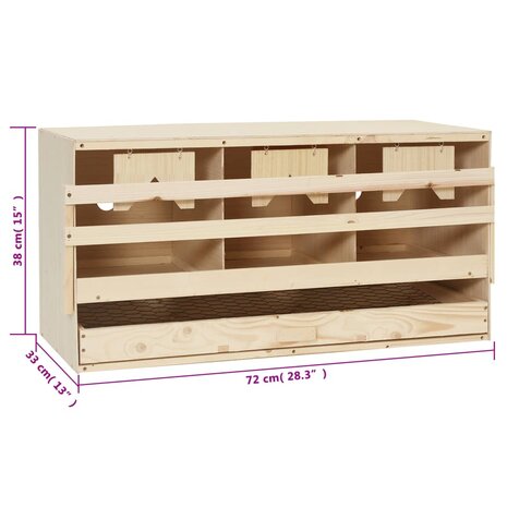 Kippenlegkast 3 compartimenten 72x33x38 cm massief grenenhout