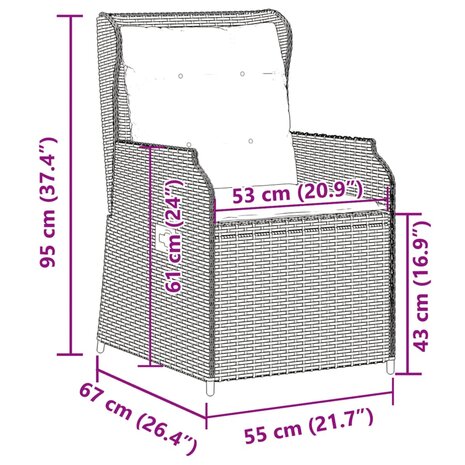 Tuinstoelen 2 st verstelbaar met kussens poly rattan grijs