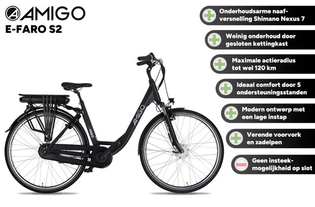 Amigo E-Faro S2 Dames 7V Rollerbrake matzwart 49 cm 28 inch matzwart 49 cm 28 inch