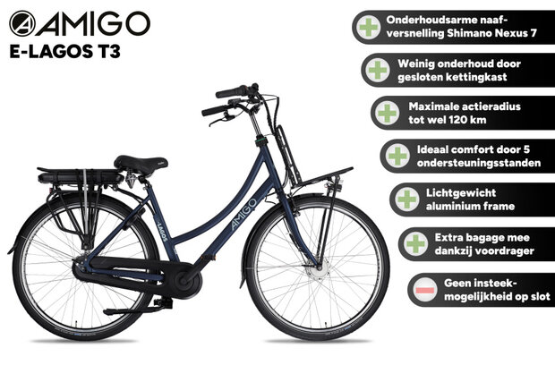 Amigo E-Lagos T3 Dames 7V Rollerbrake matblauw 50 cm 28 inch matblauw 50 cm 28 inch
