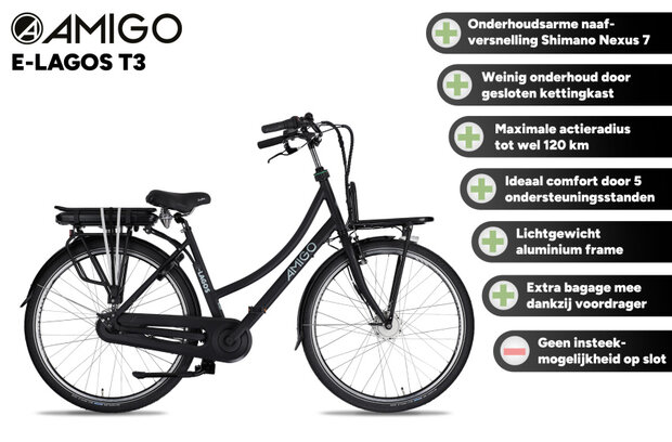 Amigo E-Lagos T3 Dames 7V Rollerbrake matzwart 50 cm 28 inch matzwart 50 cm 28 inch