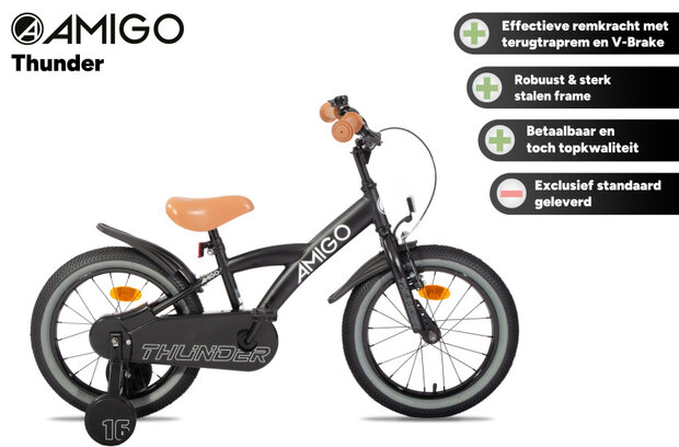 Amigo Thunder Jongens Terugtraprem zwart/wit 23,5 cm 16 inch zwart/wit 23,5 cm 16 inch
