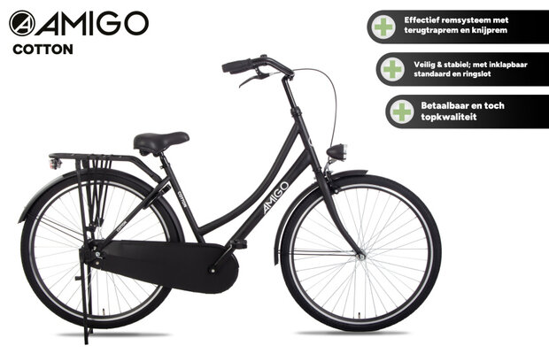 Amigo Cotton Omafiets Dames Terugtraprem matzwart 50 cm 28 inch matzwart 50 cm 28 inch