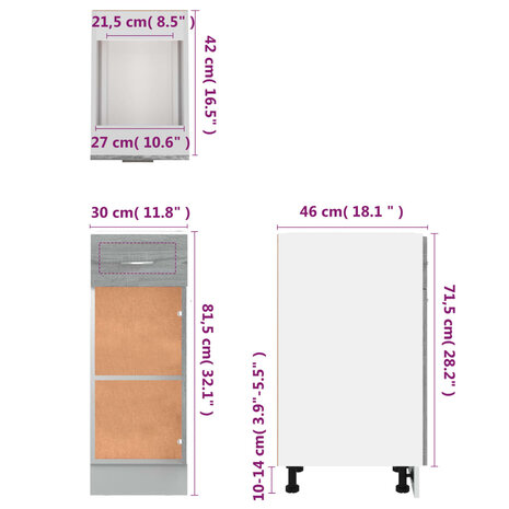 Onderkast met lade 30x46x81,5 cm bewerkt hout grijs sonoma