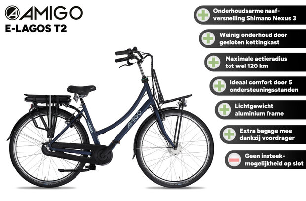Amigo E-Lagos T2 Dames 3V V-Brakes matblauw 50 cm 28 inch matblauw 50 cm 28 inch