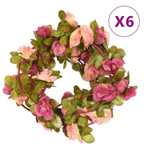 Kerstslingers met bloemen 6 st 250 cm rozerood